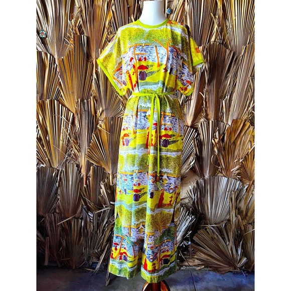 Vintage Dresses & Skirts - Vintage 70s Psychedelic Pants Set Size S/M Wide Leg Seurat Neon Groovy